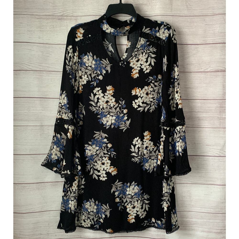 Blu Pepper Black Floral Dress with Gigi Neck Choker Long Sleeve Bell Cuff Size S